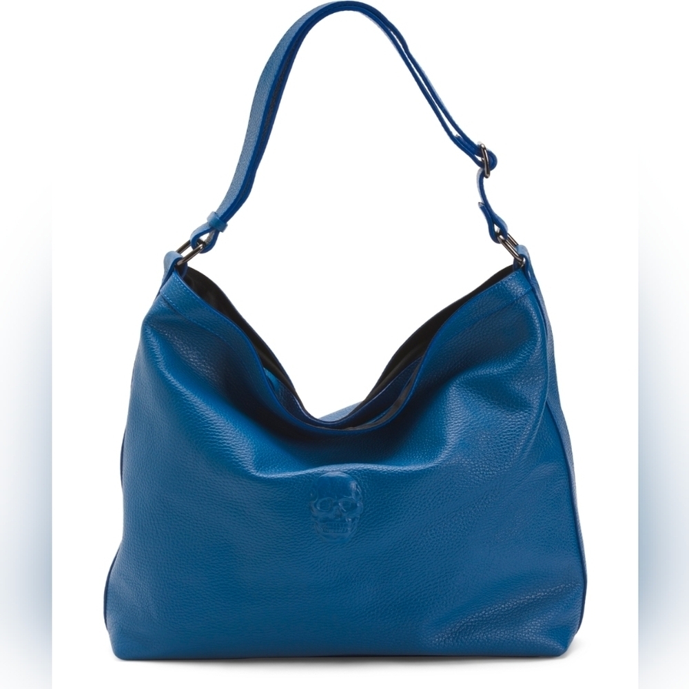 💙▪️IO Pelle ▪️Blue Leather  Small Skull Embossed Hobo Bag